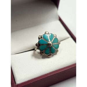 Turquoise Floral Inlay Sterling Silver Ring - Women Jewelry 5.25